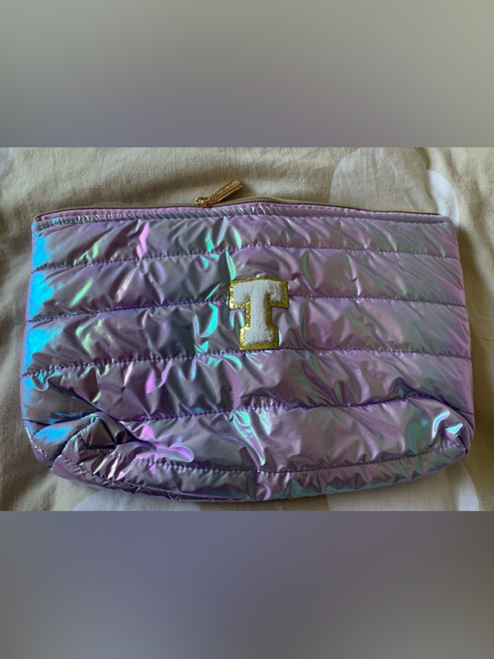 Iridescent Lavender Quilted Cosmetic Pouch with T Initial - Picture 2 of 2